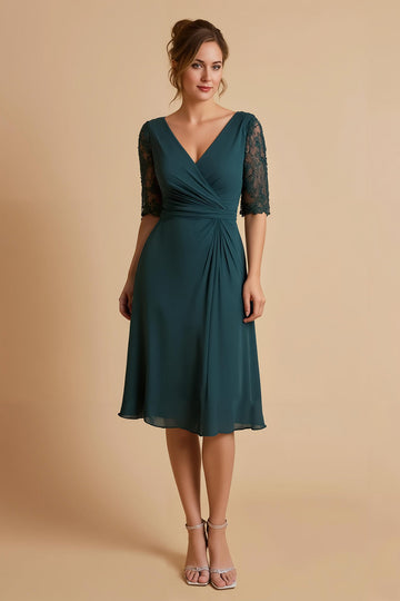 Pine V Neck Chiffon Half Sleeve Midi Mother of the Bride Dress